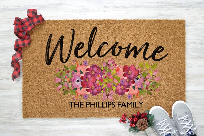 Door Mat Floral Doormat Last Name Mat Etsy