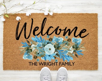 Welcome Doormat, Floral Doormat, Last Name Doormat, Custom Name Welcome Mat, Personalized Doormat, Welcome Door Mat, Coir Mat - Item 714