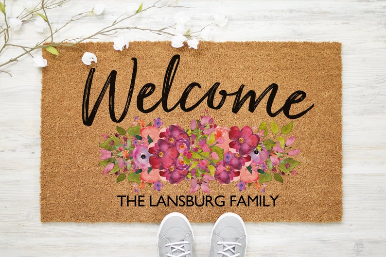 Door Mat Floral Doormat Last Name Mat Etsy