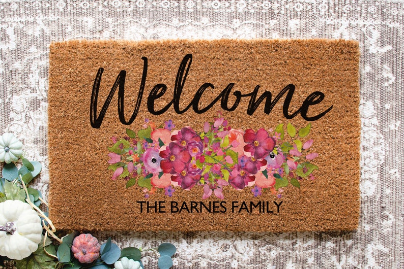 Door Mat Floral Doormat Last Name Mat Etsy