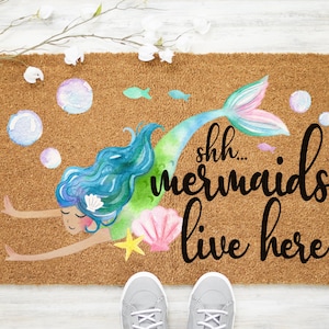 Mermaid Doormat, Mermaids Live Here Doormat, Mermaid Home Decor, Funny Doormat, Mermaid Welcome Mat, Cute Doormat, Coir Door Mat - Item 825