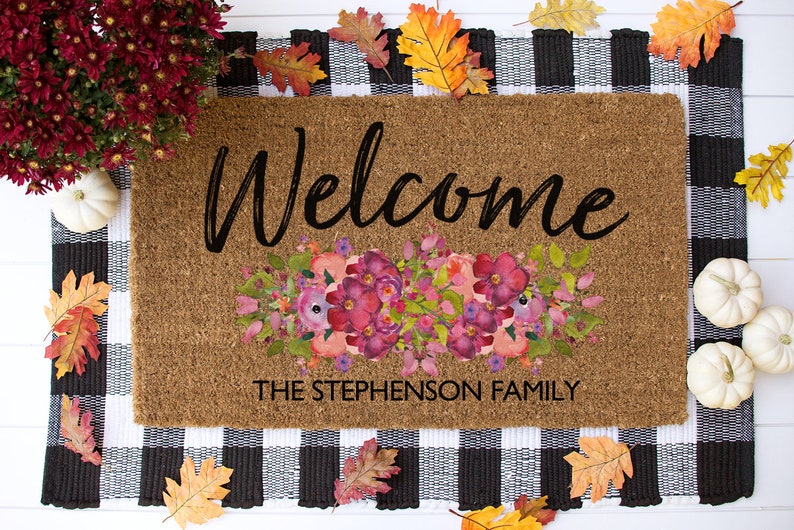 Door Mat Floral Doormat Last Name Mat Etsy