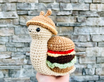 Burger Snail | Crochet Pattern PDF, Kids Stuffed Animal Toy, Crochet Snail Amigurumi Animal, Fast Food Hamburger Pretend Food