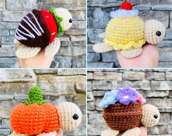 Food Turtles Crochet Pattern Bundle, 4 in 1 Crochet Turtle Patterns: Pumpkin, Ice Cream, Chocolate Strawberry, Flower Pot