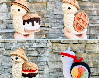 Food Snails Crochet Pattern Bundle, Crochet Snail Pattern Amigurumi: Smore, Burger, Sushi, Pumpkin Pie Snails