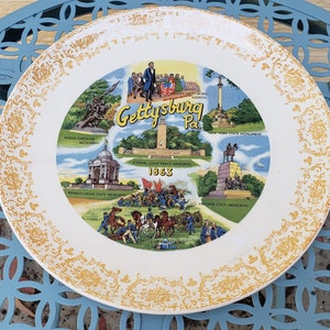 Pennsylvania Collector Plate, Gettysburg, PA, Eternal Light Peace Memorial, Address, Battle of Gettysburg, Gold Luster Trim, Vintage Plate