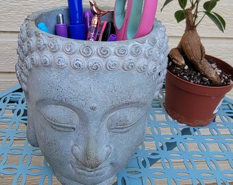 Cement Buddha Utensil Holder, Buddha Planter, Buddha desk items holder, Vintage looking! Great Gift, rare Find, Feng Shui Decor