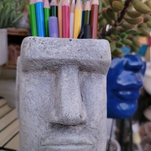 May include: A gray stone head-shaped planter filled with colorful pencils. The planter has a weathered texture and a detailed facial structure. A blue head-shaped planter is in the background, along with green plants.