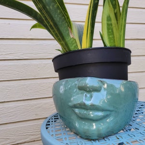 May include: A green ceramic planter shaped like a face with a large mouth and a prominent nose. A potted snake plant with green and yellow striped leaves is growing out of the planter.