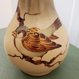 MCM Vase, Signed Italian Art Vase, Arnaldo Miniati Signed, 1950&#39;s Handpainted Signed Bird Vase, Bird on Branch, Nature Vase, Retro Art Piece