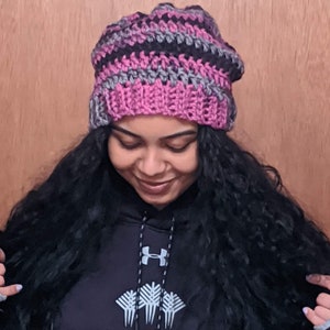 Handmade Chunky BOHO Crocheted Hat Slouchy Black Raspberry Slouch Beanie Hat Snowboarder winter sports Beanie Womens Unixex Comfortable Fit