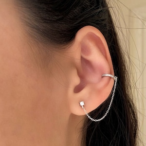 Ear Cuff Chain Earrings, hoop chain earrings, Sterling Silver Stud Earrings