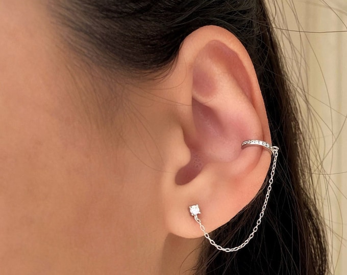 Ear Cuff Chain Earrings, hoop chain earrings, Sterling Silver Stud Earrings