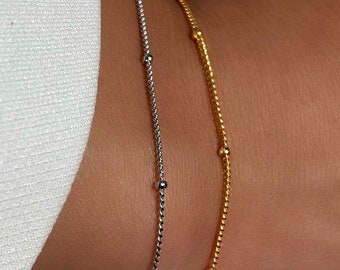 Bead Chain Silver Bracelet, Sterling Silver Beaded Chain Bracelet, Tiny and delicate bracelet set for everyday, Gold Delicate Bracelet