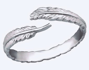 Sterling Silver Feather Ring: Angel Wing Adjustable Band