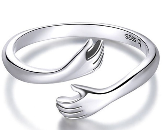 Love Hug Ring, Love Hugging Hand Stackable Ring, Adjustable silver ring, Couple ring