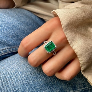 Emerald Ring: Sterling Silver Birthstone Jewelry, Simulated Emerald & Zircons