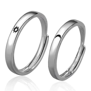 Sterling Silver Sun and Moon Ring Set - Adjustable Couple Rings