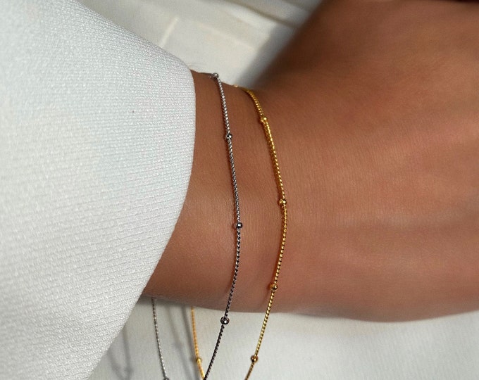 Bead Chain Silver Bracelet, Sterling Silver Beaded Chain Bracelet, Tiny and delicate bracelet set for everyday, Gold Delicate Bracelet
