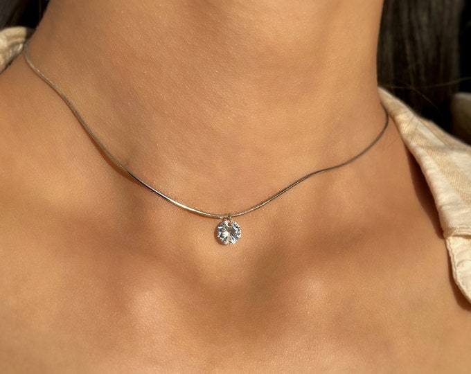 Extra Tiny CZ Necklace in Sterling Silver, Diamond Cut CZ Pendant Necklace