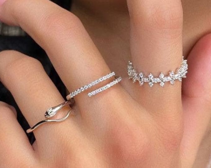 Silver ring, double wrap ring, silver CZ open bar ring, adjustable ring