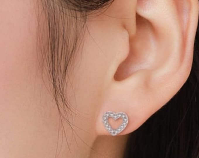 Heart CZ Studs, Silver Heart Earrings, Heart Studs