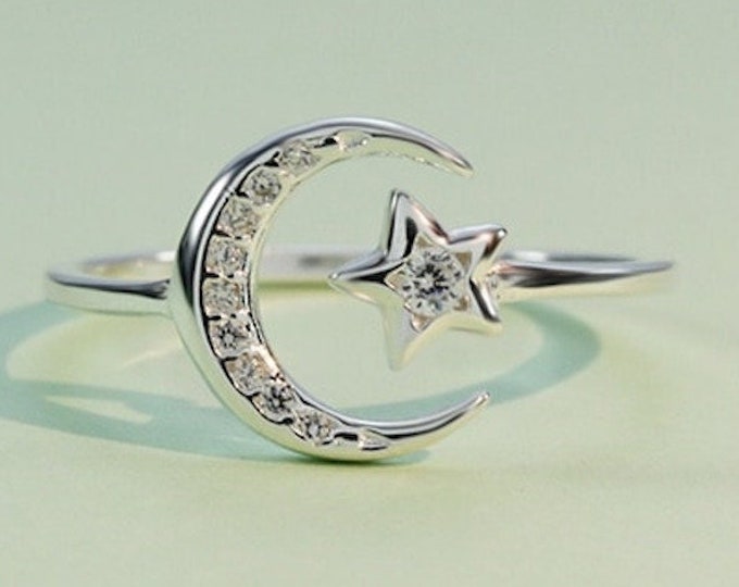 Open Moon Ring, Star Ring, Crescent Moon Ring, Moon Celestial Ring