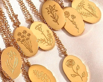 Gold Birth Flower Necklace: Stainless Steel Floral Zodiac Pendant