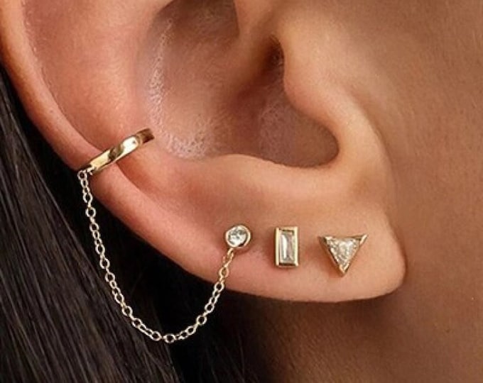 Ear Cuff Chain Earrings, Sterling Silver Stud Earrings