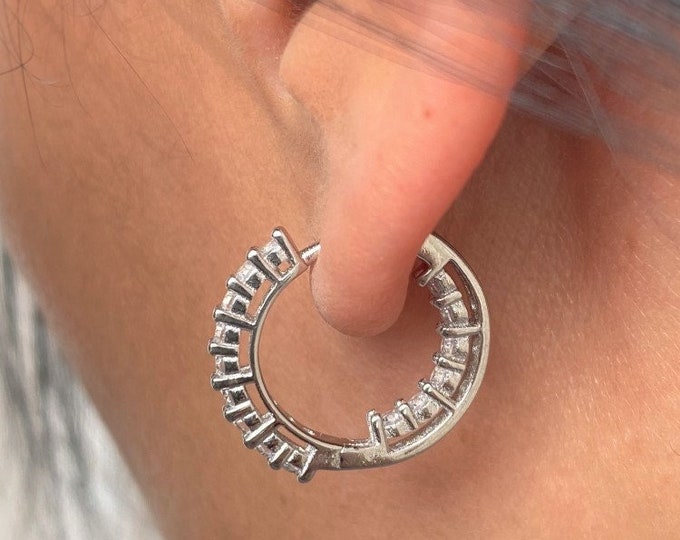 Silver Huggie Hoop Earrings Set, Sterling Silver Cz Hoop Earrings, Cartilage Hoop, Pave Ring Hoops, Silver Conch Hoop