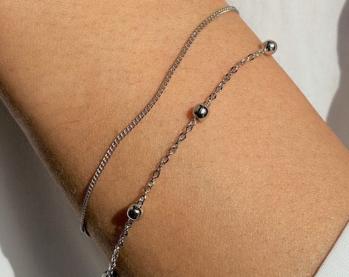 Double Chain Silver Bracelet, Double layer snake chain bead bracelet, Stacking Bracelets, Perfect Layering Bracelet