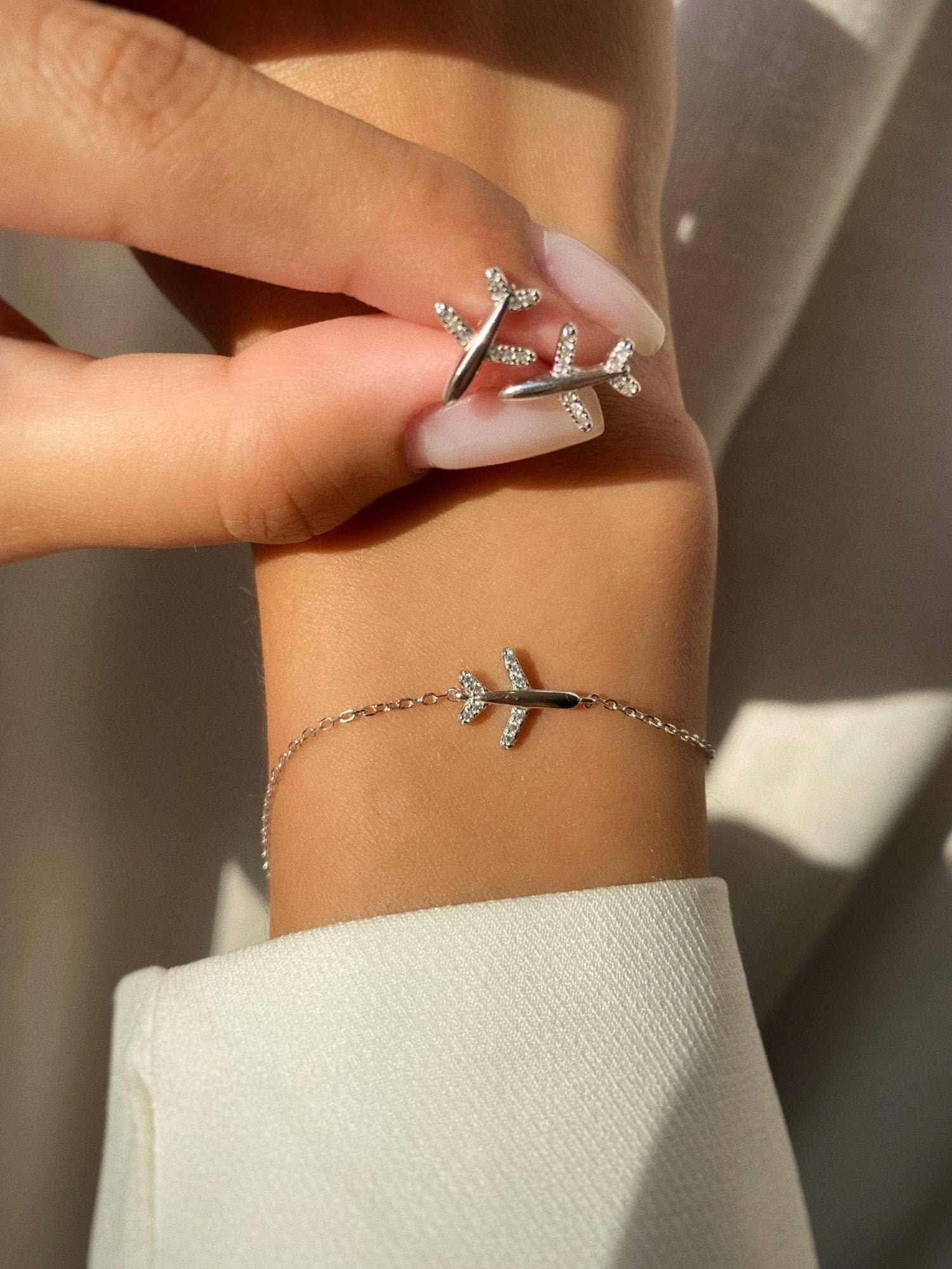 Dainty Silver Airplane Bracelet