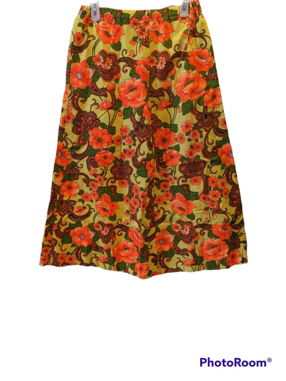 Vintage Handmade 1970s Midi Skirt Floral Yellow Or