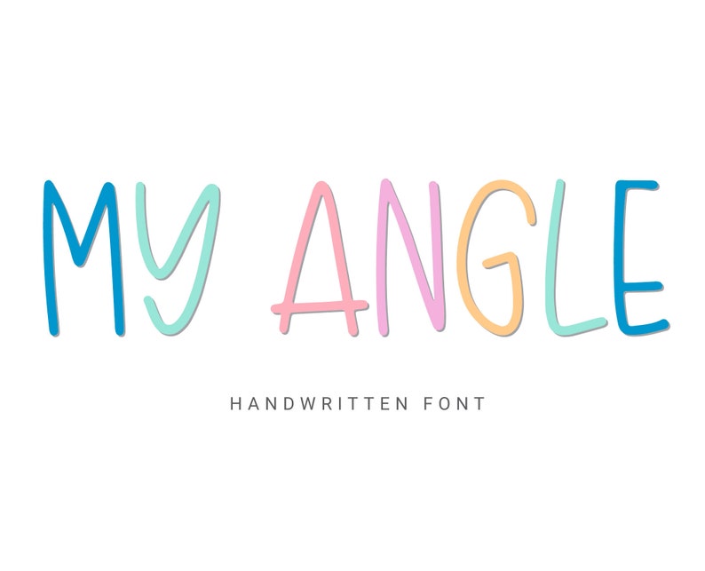 Pode incluir: Design de fonte manuscrita nas cores azul, azul-turquesa, rosa e laranja. O texto diz "MY ANGLE" com a palavra "HANDWRITTEN FONT" abaixo.