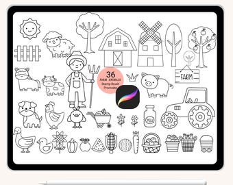 36 Cute Animal Farm Procreate Stamps, Stamp brush Farm Animal Coloring, for cow,pig,duck,cartoon hand drawn style Brush for Procreate