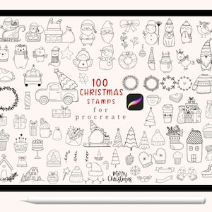 100 個のクリスマス Procreate スタンプ、クリスマス オーナメントの落書き、クリスマス ツリーのスタンプ、手描き、Procreate 用ブラシ