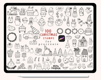 100 Christmas Procreate Stamps, Christmas ornaments Doodle, Christmas tree stamps ,hand drawn, Brush for Procreate