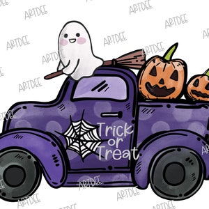 Halloween met vrachtwagens, pompoen, spook, sublimatieontwerp png Digitale download | Handgetekende stijl