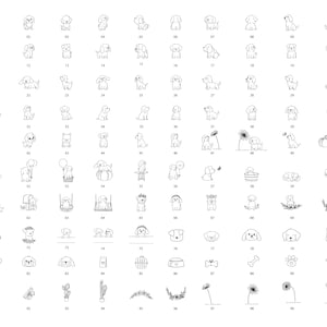 May include: A grid of 100 black and white line art illustrations of dogs in various poses and settings. The images include dogs with balloons, flowers, and in swings. Each dog illustration is numbered from 01 to 100.