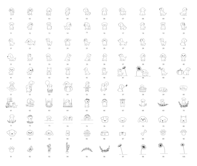 May include: A grid of 100 black and white line art illustrations of dogs in various poses and settings. The images include dogs with balloons, flowers, and in swings. Each dog illustration is numbered from 01 to 100.