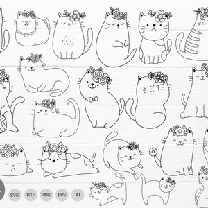 20 Cat Cartoon with flower Bundle SVG For Cut file, animal hand drawn,charector cartoon,cute cat, doodle,for cricut Silhouette,Cameo