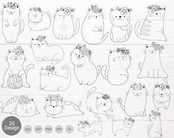 May include: A set of 20 black and white line drawings of cats wearing flower crowns. The cats are in various poses, including sitting, standing, and lying down. The drawings are simple and cute, and would be perfect for use in a variety of projects.