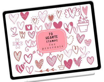 May include: A digital tablet screen displaying 70 pink heart stamps for Procreate. The hearts are drawn in various styles, including simple outlines, filled-in shapes, and intricate designs.