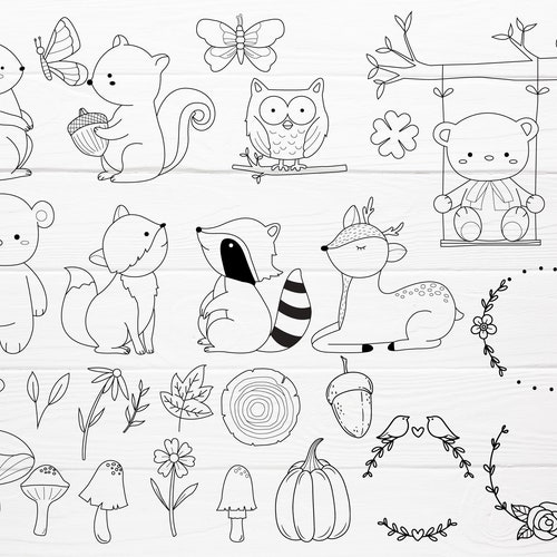 Woodland Animals Coloring SVG Forest Animal Outline Digital - Etsy