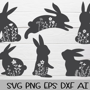 Floral Bunny SVG Bundle geschnitten Datei, Circut, Kaninchen mit Blume, Ostern, Floral Kaninchen, Wildblumen Bunny Clip Art, Ostern Dxf für Cricut