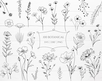 100 Botanical Svg Bundle Cut File, floreale, foglia di fiore, foglie, clipart botanica disegnata a mano stile doodle svg, png, eps, per cricut