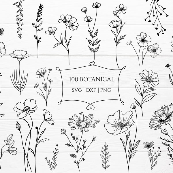 100 Botanical Svg Bundle Cut File, Floral, Feuille de fleur, feuilles, Clipart botanique dessiné à la main style doodle svg, png, eps, pour cricut