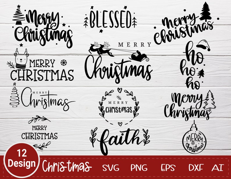 Puede incluir: Una colecci&oacute;n de 12 dise&ntilde;os navide&ntilde;os en negro, que incluyen frases como "Feliz Navidad", "Bendecido" y "Fe". Los dise&ntilde;os presentan elementos festivos como &aacute;rboles de Navidad, renos y adornos. La imagen tambi&eacute;n incluye informaci&oacute;n sobre el tipo de archivo.