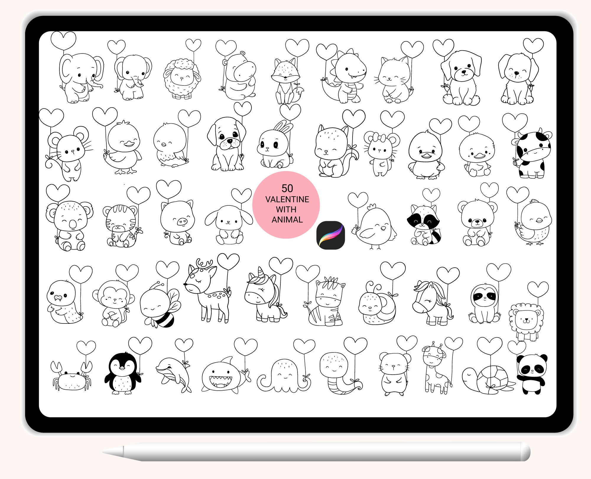 50 Animals with valentine, Procreate Stamps, Abstract Doodle,hand drawn, Procreate ,Love stamp brush,cute animals cartoon