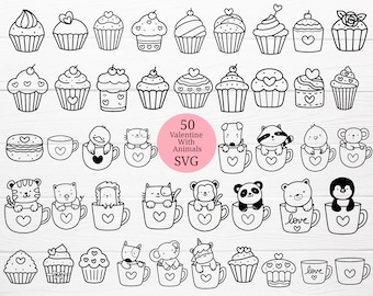 50 Animals With Cupcake,Bundle  Valentine SVG For Cut file, animal hand drawn,love sv,style,svg,dxf,png,eps, for cricut Silhouette,Cameo